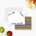 personalized fiesta note card with colorful papel picado banners, sombrero illustration, and custom name-front-back