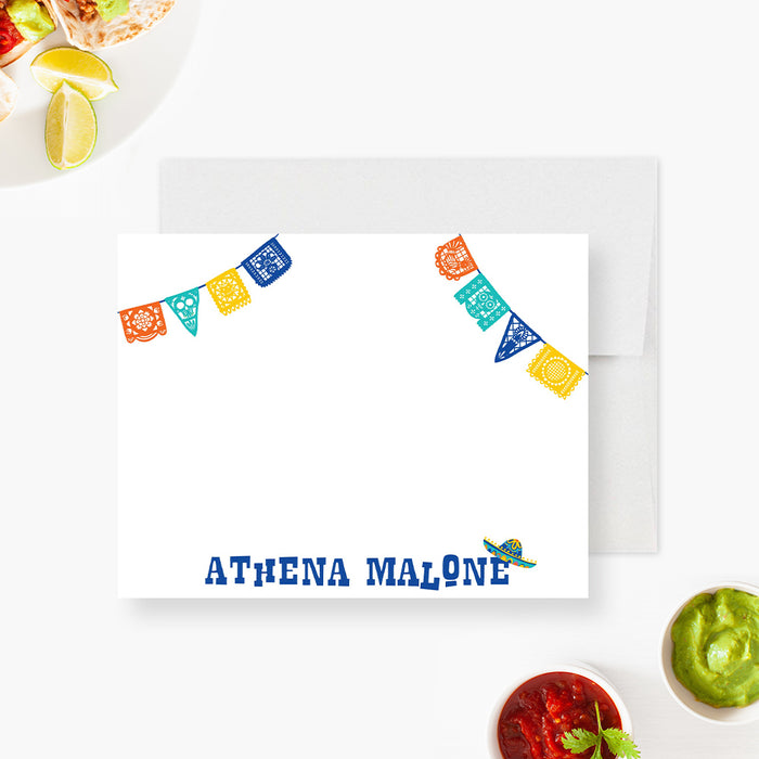 personalized fiesta note card with colorful papel picado banners, sombrero illustration, and custom name-front