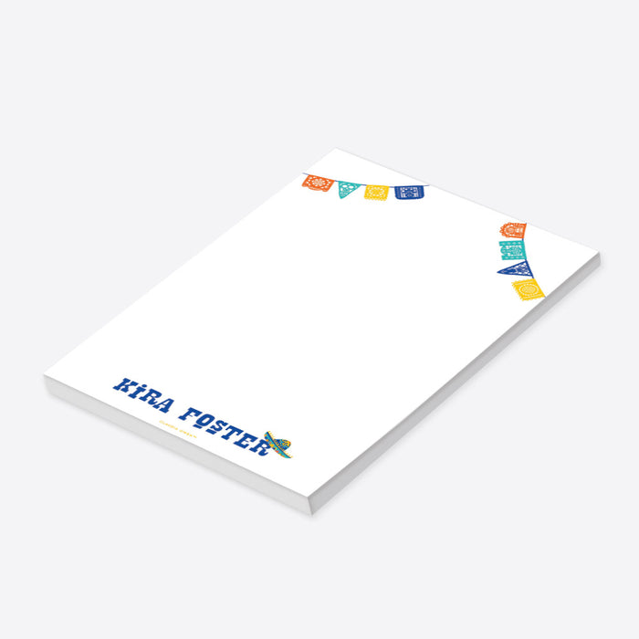 personalized fiesta-themed notepad with colorful papel picado banners and playful Mexican-inspired stationery design-side