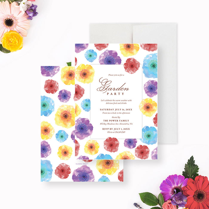 colorful floral garden party invitation with watercolor flowers, elegant script lettering, and personalized event details-front-back