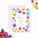 colorful floral garden party invitation with watercolor flowers, elegant script lettering, and personalized event details-front