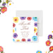 colorful floral garden party save the date card with watercolor flower border, elegant script lettering, and personalized event details-front