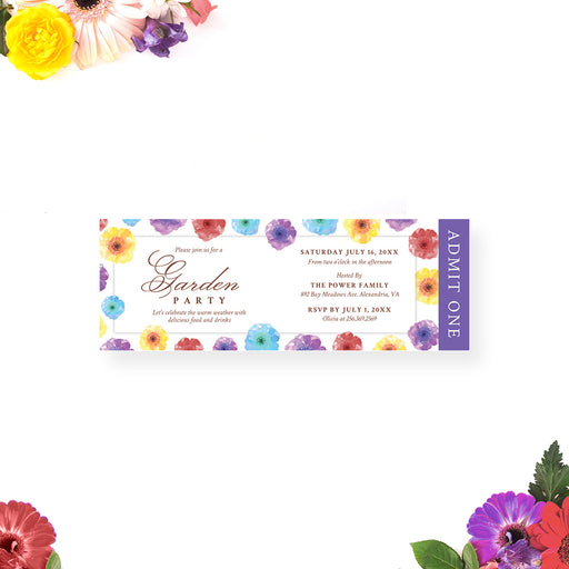 colorful floral garden party ticket invitation with watercolor flower border, elegant script lettering, event details, and purple admit one panel