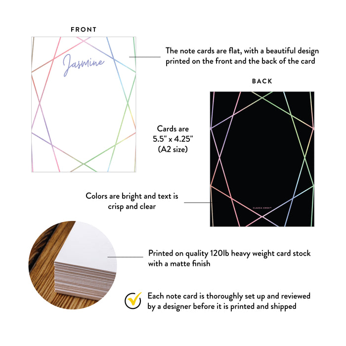 Front and back of colorful gem outline personalized note cards showing A2 dimensions and matte cardstock details.