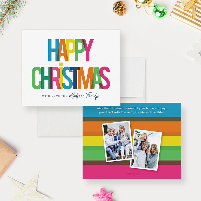 Colorful Happy Christmas photo card with rainbow letters and family photos