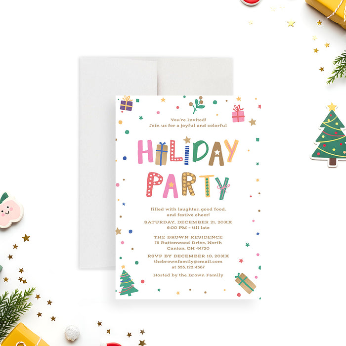 colorful holiday party invitation with playful Christmas lettering, gift illustrations, tree accents, and custom party details-front