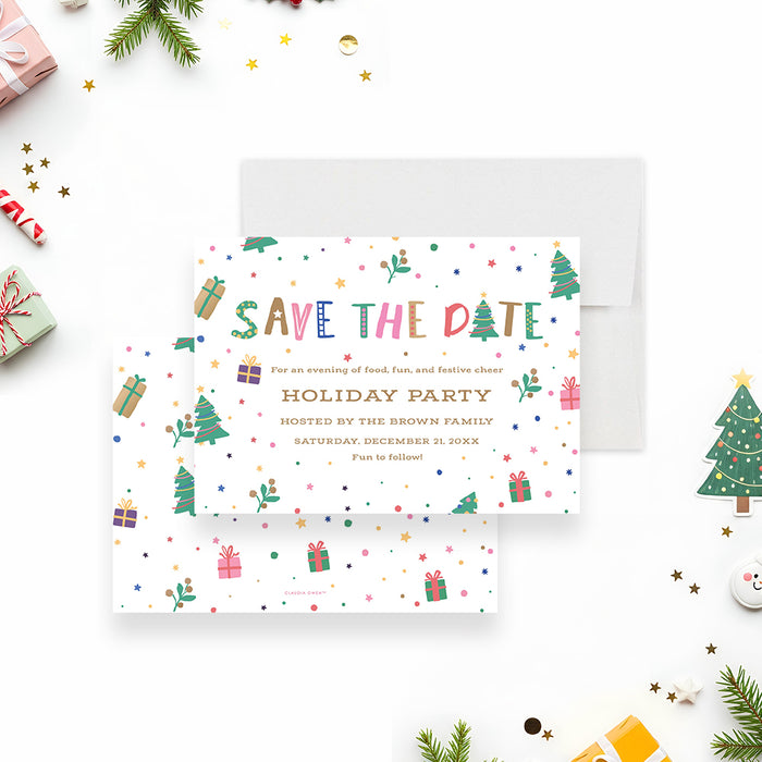 colorful holiday party save the date card with playful Christmas trees, gift illustrations, festive confetti, and bright lettering-front-back