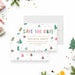 colorful holiday party save the date card with playful Christmas trees, gift illustrations, festive confetti, and bright lettering-front-back