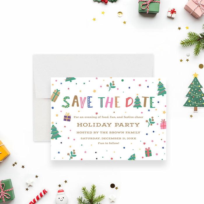 colorful holiday party save the date card with playful Christmas trees, gift illustrations, festive confetti, and bright lettering-front