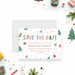 colorful holiday party save the date card with playful Christmas trees, gift illustrations, festive confetti, and bright lettering-front