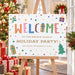 Colorful Christmas party welcome sign with playful lettering, gift illustrations, tree accents, and custom holiday party details