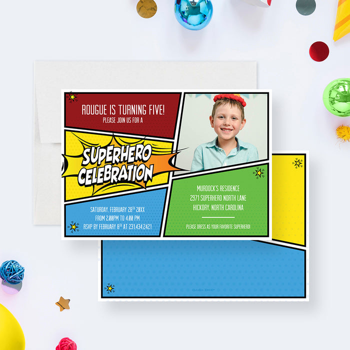 Colorful Superhero Birthday Party Invitation with Photo for Kids, Comic Book Style Birthday Invites