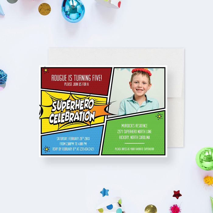 Colorful Superhero Birthday Party Invitation with Photo for Kids, Comic Book Style Birthday Invites