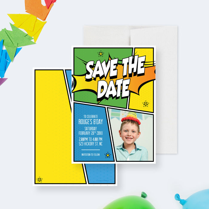 Colorful Superhero Birthday Party Invitation with Photo for Kids, Comic Book Style Birthday Invites