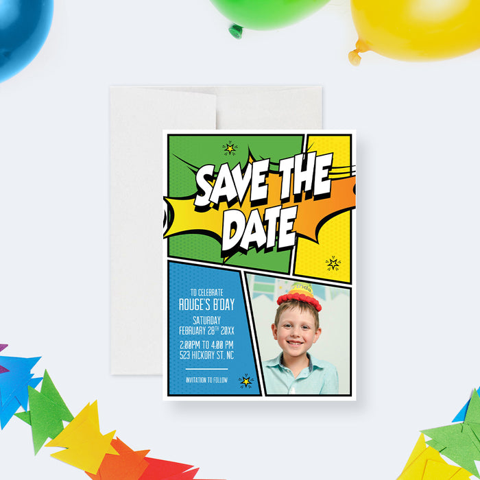 Superhero Themed Birthday Party Save the Date Card with Photo for Boys and Girls, Comic Book Inspired Save the Date Invites