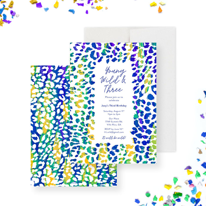 Colorful leopard-print birthday invitation personalized for a wild kids' birthday party-front-back