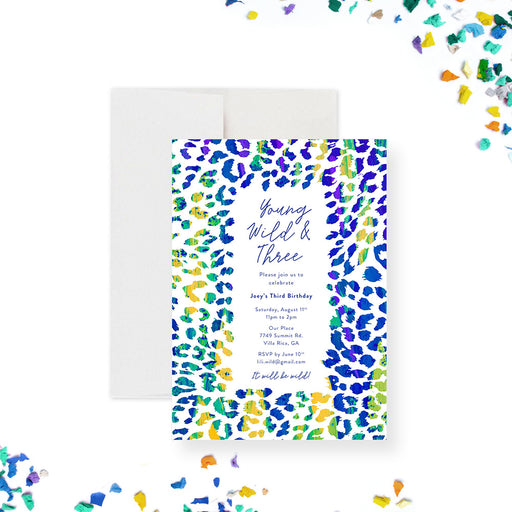 Colorful leopard-print birthday invitation personalized for a wild kids' birthday party-front