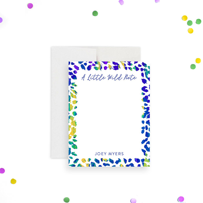 Personalized note card with colorful leopard print and “A Little Wild Note” text, birthday thank-you card and party keepsake-front