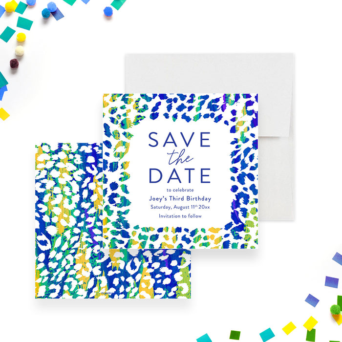 Colorful leopard-print birthday save the date card. This design blends color, fun, and modern style.-front-back