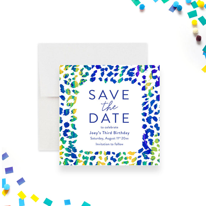 Colorful leopard-print birthday save the date card. This design blends color, fun, and modern style.-front