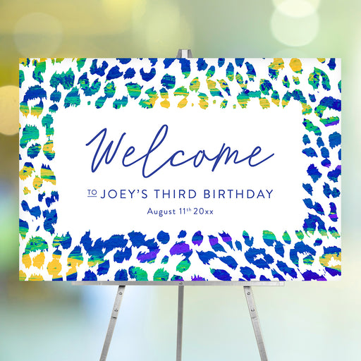 Personalized leopard-print birthday welcome sign with a colorful design, a custom party entrance sign for a kids' birthday celebration.