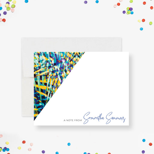 Colorful thank you card with a modern abstract pattern in tropical hues, ideal for birthday parties or personalized party stationery sets.

