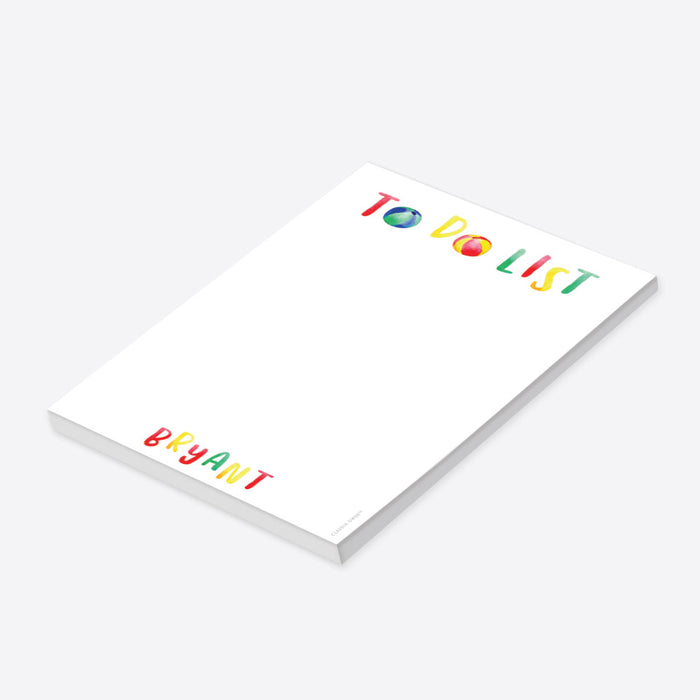 Colorful beach ball to-do list personalized notepad with custom name design for kids' summer stationery and pool party favors.-side