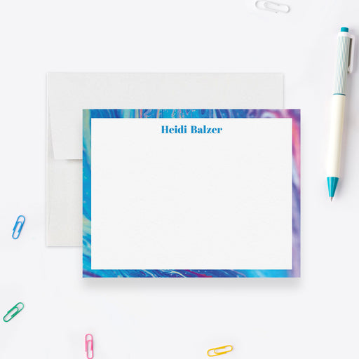 Colorful personalized stationery note card with custom name at top