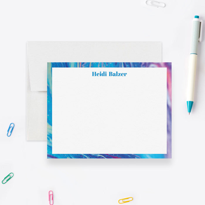 Colorful personalized stationery note card with custom name at top
