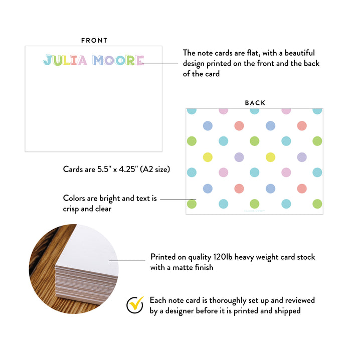 Colorful personalized note card featuring pastel rainbow block letters on the front and matching polka dot pattern on the back, flat A2 size 5.5 x 4.25 inches, printed on 120lb matte card stock with crisp text and bright colors, carefully reviewed by a designer before printing