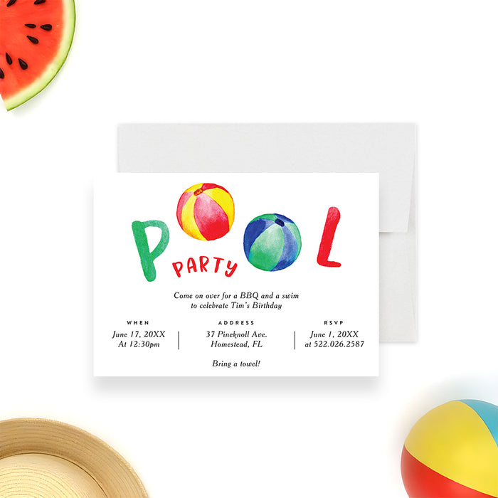 Pool party birthday invitation featuring colorful beach balls, ideal for summer BBQs, kids birthday parties, and outdoor celebrations.-front