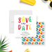 Pool party save the date card with colorful typography and beach ball pattern for kids birthday and summer celebration-front-back