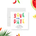 Pool party save the date card with colorful typography and beach ball pattern for kids birthday and summer celebration-front