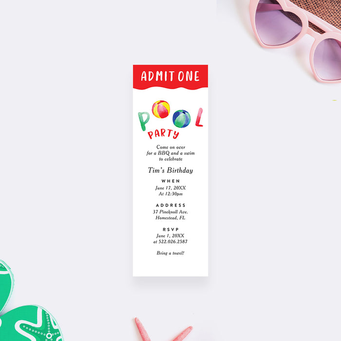 Pool party ticket invitation featuring a colorful beach ball design and 'admit one' style for kids' summer birthday party.