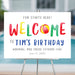 Colorful pool party welcome sign with beach ball design, personalized for kids' birthday party entrance and summer event décor.
