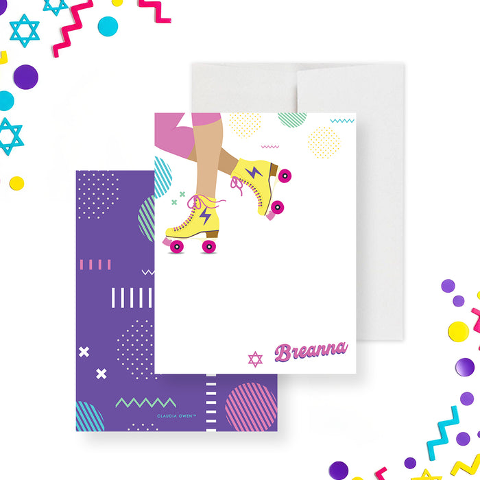 Colorful roller skate Bat Mitzvah thank-you card with Star of David, personalized Jewish stationery for girls and teens.-front-back