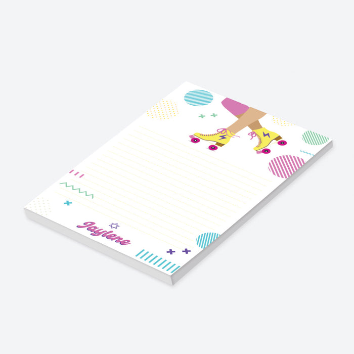 Colorful roller skater Bat Mitzvah notepad with Star of David, personalized Jewish stationery gift for girls.-side