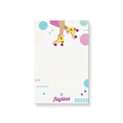 Colorful roller skater Bat Mitzvah notepad with Star of David, personalized Jewish stationery gift for girls.
