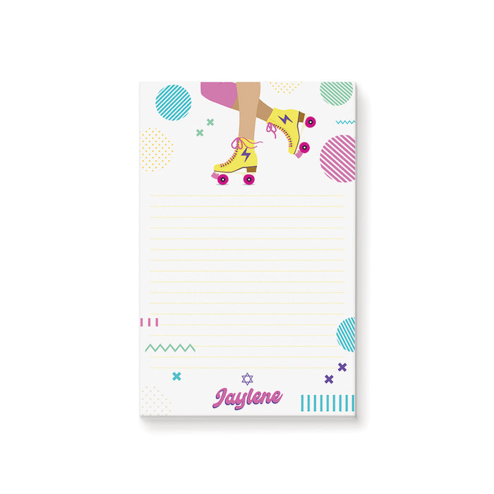Colorful roller skater Bat Mitzvah notepad with Star of David, personalized Jewish stationery gift for girls.