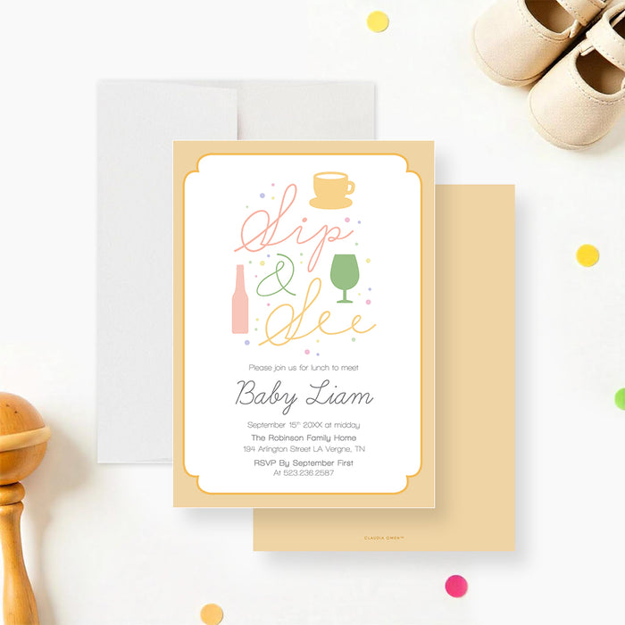 Pastel Sip and See invitation card featuring a teacup, wine glass, and beer bottle—a stylish way to welcome your baby into the world.-front-back