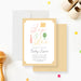 Pastel Sip and See invitation card featuring a teacup, wine glass, and beer bottle—a stylish way to welcome your baby into the world.-front-back