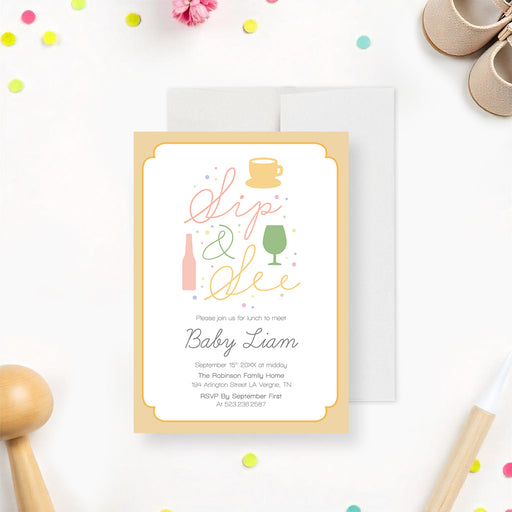Pastel Sip and See invitation card featuring a teacup, wine glass, and beer bottle—a stylish way to welcome your baby into the world.-front