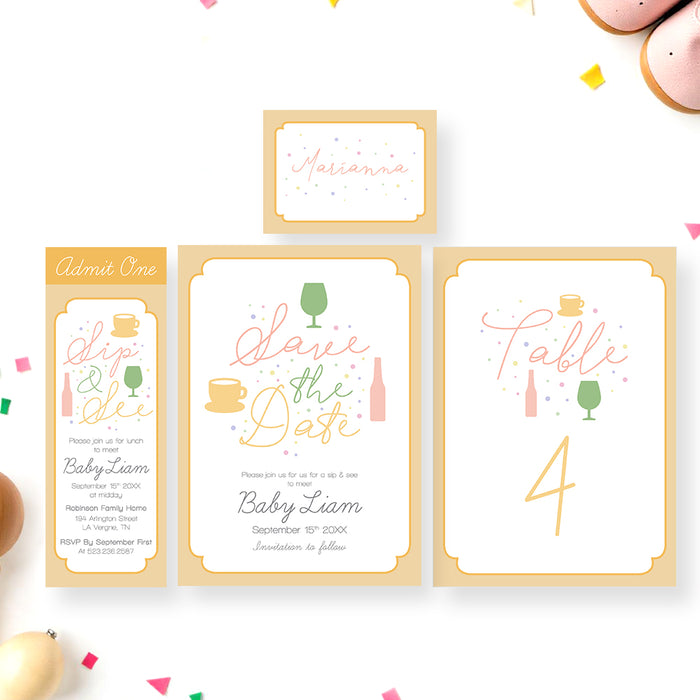 Sip and See Baby Welcome Invitation Colorful Baby Shower Design