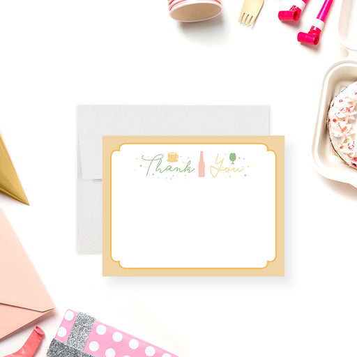 Sip and See baby shower thank you card in pastel colors-front