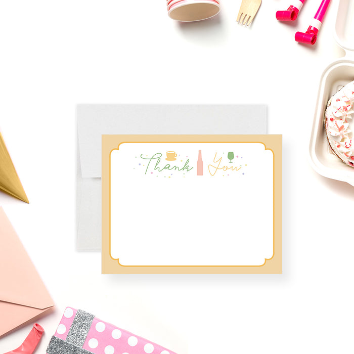 Sip and See baby shower thank you card in pastel colors-front