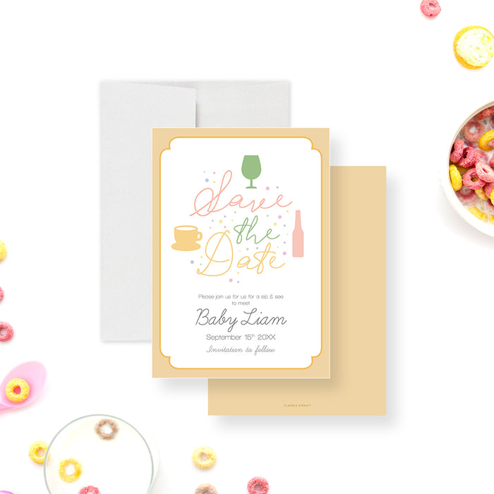 Sip and see save the date featuring a pastel teacup, wine glass, and beer bottle illustrations for meet-the-baby parties-front-back