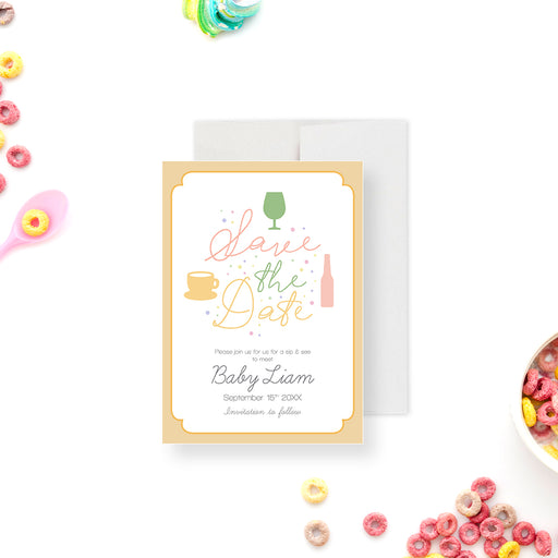 Sip and see save the date featuring a pastel teacup, wine glass, and beer bottle illustrations for meet-the-baby parties-front