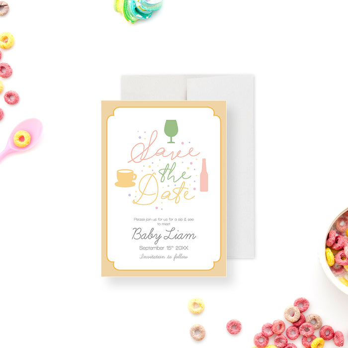 Sip and see save the date featuring a pastel teacup, wine glass, and beer bottle illustrations for meet-the-baby parties-front