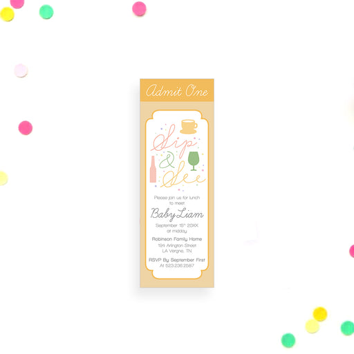 Sip and see invitation with pastel teacup, wine glass, and beer bottle illustrations; personalized party pass for a baby celebration event.