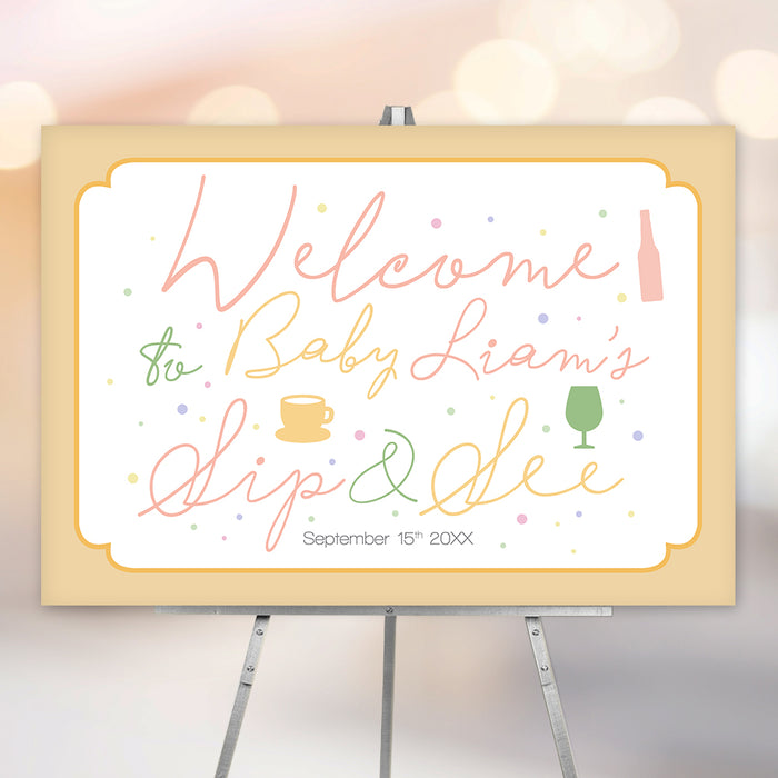 Pastel sip and see welcome sign featuring colorful beverage icons, gender-neutral design perfect for baby celebrations